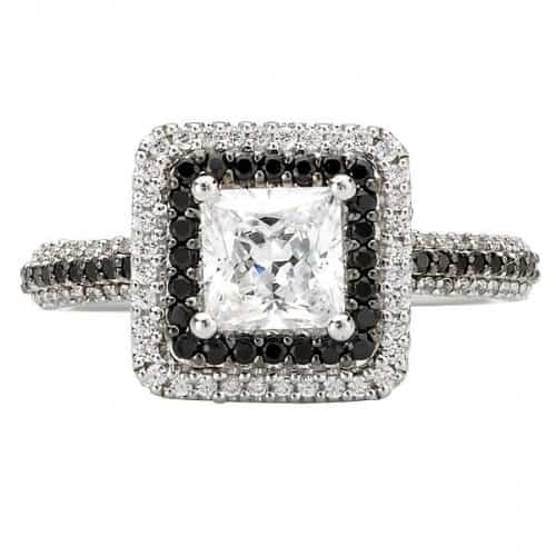 Engagement ring, square double halo with black and white diamonds, for princess cut diamond