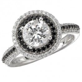 Engagement ring, Double Halo with Black and White Accent Diamonds