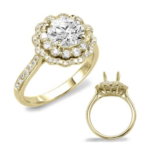 Engagement Ring, 14 karat yellow gold, Double Halo style, Semi-mounting