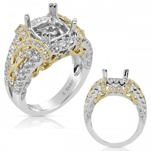 Engagement ring, Two-tone style for Round, Princess, Asscher or Cushion shaped diamond