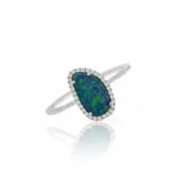 Meira T opal diamond halo ring.