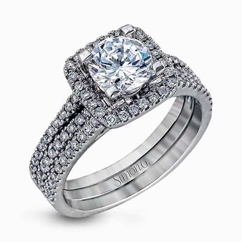 Simon G 18k White Gold Halo Diamond Engagement Ring Wedding Set.